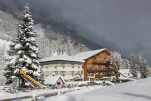 eine Skihütte im Schnee mit einem Weihnachtsbaum in der Unterkunft Hotel Gemse in Weisstannen