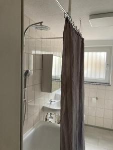 La salle de bains est pourvue d'un rideau de douche et d'un lavabo. dans l'établissement HAUPT 3, à Eningen unter Achalm