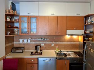 a kitchen with wooden cabinets and a sink at Apartmani Ljumović Budva in Budva