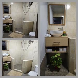twee foto's van een badkamer met wastafel en toilet bij Micheck beach house in Tortuguero