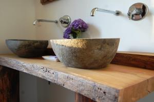 two bowls sitting on a wooden counter in a bathroom at Sous le Saule Holiday Home in Heyd