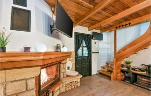 uma sala de estar com lareira e tecto em madeira em Awesome Home In Ivanec With Sauna em Ivanec
