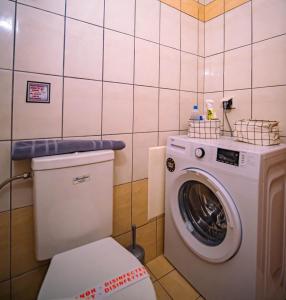 uma casa de banho com uma máquina de lavar roupa e uma máquina de lavar roupa. em Small Nest - Central Spot Apartments em Volos