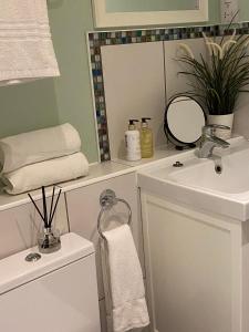 a bathroom with a sink and a toilet and a mirror at The Loft at Pen Orchard in Winscombe +26 photos