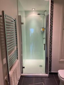 a glass shower in a bathroom with a toilet at The Loft at Pen Orchard in Winscombe