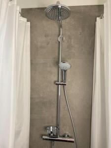 a shower with a shower head in a bathroom with curtains at Gemütliche Wohnung in Ahaus