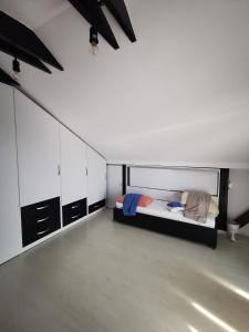 a bedroom with a bed and white cabinets at Appartement Cozy La Mansarda (Attic) in Miroslava