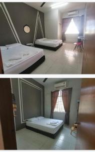 two pictures of a room with two beds in it at Seaview Promenade Homestay Dungun in Dungun