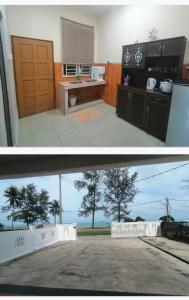 龍運的住宿－Seaview Promenade Homestay Dungun，两张厨房的图片,享有海景