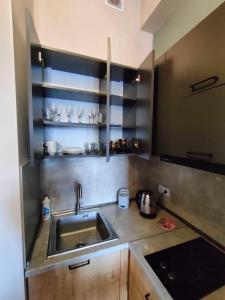 a small kitchen with a sink and a stove at Tsaghkadzor Kechi Apartment 136 in Tsaghkadzor