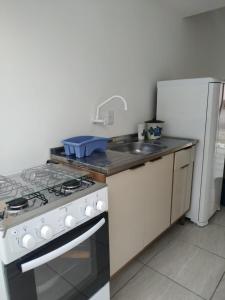 een keuken met een fornuis, een wastafel en een koelkast bij Loft/APTO em Praia da Pinheira in Pinheira