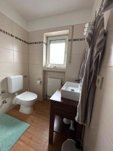 ein Badezimmer mit einem weißen WC und einem Waschbecken in der Unterkunft FeWo-City in Gießen
