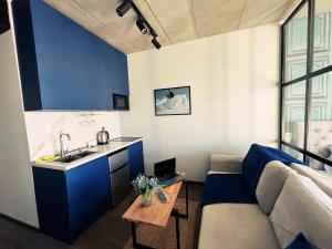 Twins apartment deluxe, new gudauri في غودواري: غرفة معيشة مع أريكة ومطبخ مع دواليب زرقاء