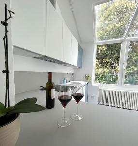 twee glazen wijn op een aanrecht in de keuken bij A casa di Lucio in Budrio