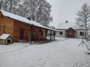 un granero cubierto de nieve con un perro en la nieve en Kolorowe Wzgórze agroturystyka i konie, en Trojanów