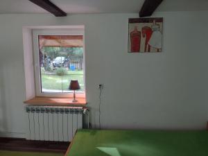 um quarto com uma mesa verde e uma janela em Kolorowe Wzgórze agroturystyka i konie em Trojanów