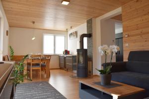 ein Wohnzimmer mit einem Sofa und einem Tisch in der Unterkunft Holiday Home Znojmo w/ Wellness & Wine in Znojmo