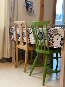 two green chairs sitting next to a table with a couch at Appartement in Jämtland bij Gusto Stables ... in Föllinge