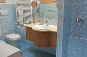 La salle de bains est pourvue de carrelage bleu, d'un lavabo et de toilettes. dans l'établissement Apartments Casa Trasparente, à Arcugnano