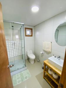 uma casa de banho com um chuveiro, um WC e um lavatório. em Cabañas Pacífico - Faro Corona em Ancud