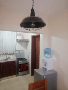 una cocina con una luz negra colgada del techo en 3Bedroom Greatwall Gardens Mombasa Rd NBO, en MakandaraHousing Estate