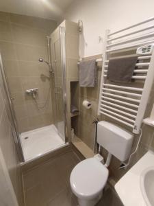 a bathroom with a shower and a toilet and a sink at Schönes und offenes Appartement in Jüchen