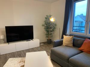 ein Wohnzimmer mit einem Sofa und einem Flachbild-TV in der Unterkunft Mitten in Kempten - Großzügig - Tolles Design in Kempten