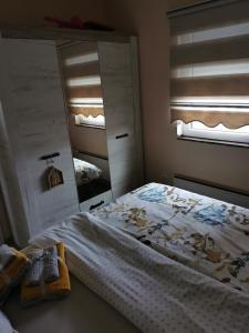 um quarto com uma cama e um espelho grande em Lux apartman Lena em Belgrado
