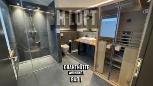 a bathroom with a shower and a sink and a toilet at H-Loft Style Apartments in Bad Lauterberg