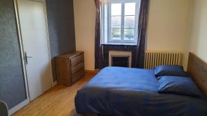 een slaapkamer met een bed, een open haard en een raam bij Les Mancelles in Condé-sur-Sarthe