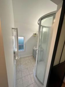 La salle de bains est pourvue d'une douche en verre et d'un lavabo. dans l'établissement Au calme, maison T3 neuf avec Jardin à Cassy, à Lanton