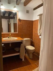 een badkamer met een toilet, een wastafel en een spiegel bij Masía La Perera in Morella