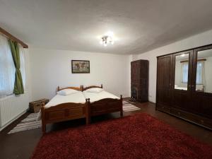 a bedroom with a bed and a red rug at Haus Ingrid Cisnadioara in Cisnadioara