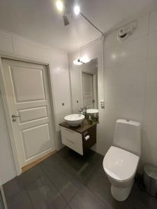 a bathroom with a toilet and a sink and a mirror at Revtind - Modern apartment with free parking in Narvik