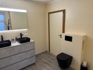 La salle de bains est pourvue d'un lavabo, d'un miroir et de toilettes. dans l'établissement Holiday in Spa, à Spa
