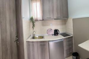 uma pequena cozinha com um lavatório e um frigorífico em Room with a view em Drama