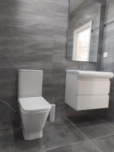 a bathroom with a white toilet and a sink at Mardakan Villa in Baku