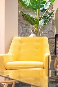 einen gelben Stuhl in einem Raum mit Topfpflanze in der Unterkunft AmazINN Places Casco Viejo unique Desing and Pool I in Panama-Stadt