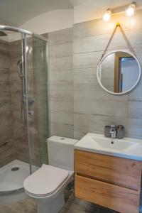 uma casa de banho com um WC, um lavatório e um espelho. em Tatry Low Guesthouse em Stará Lesná