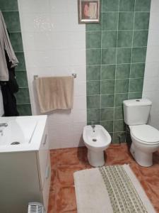a green and white bathroom with a toilet and a sink at Casa Rustica a pie de montaña in Cullera