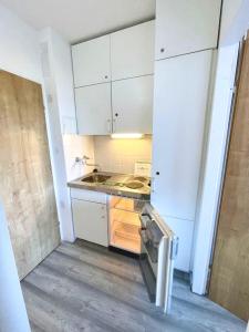 una pequeña cocina con armarios blancos y fregadero en Apartmány Almberg, en Philippsreut