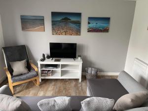 a living room with a tv and a couch and a chair at Wheal Rose -Beautifully Fitted Lodge Helston Cornwall in Helston