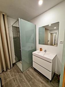 a bathroom with a shower and a sink and a mirror at VILLAS com piscina in Vila Nova de Gaia