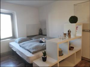 1 dormitorio con cama y estante en Unique studios near Tivoli en Liubliana
