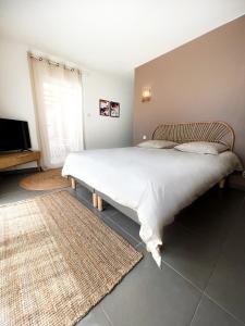 um quarto com uma cama grande e uma televisão em VILLA NOAVA em La Crau
