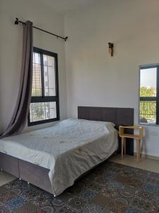 a bedroom with a bed and a table and two windows at נופש מול הכנרת Vacation in front of the Sea Galilee in Tiberias