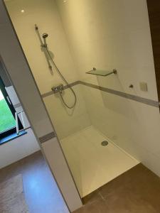 a shower with a glass door in a bathroom at Appartement à Courrière in Assesse