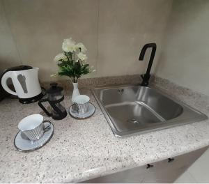 um balcão de cozinha com um lavatório e um vaso de flores em Cocomelo Apts em Heraclião