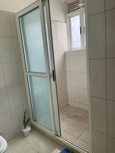 y baño con ducha y puerta de cristal. en lii homes, en Kampala