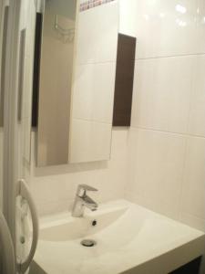 Baño blanco con lavabo y espejo en Agréable Studio à 400 m du centre ville de Luz en Luz-Saint-Sauveur